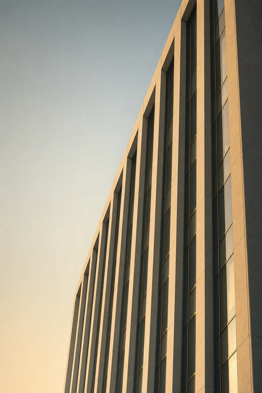 Detalhe arquitetônico de edifício corporativo em concreto claro e vidro