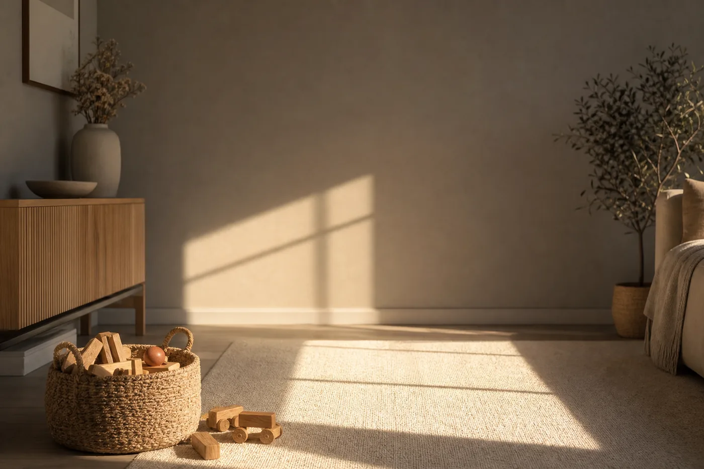 Canto de sala com tapete claro, cesta de brinquedos de madeira e luz da tarde no chão