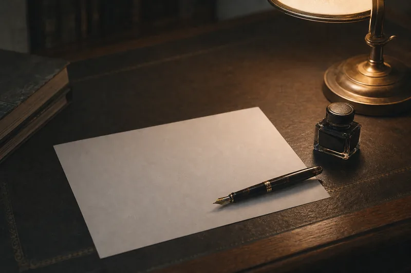 Folha de papel em branco, caneta-tinteiro e vidro de tinta sobre escrivaninha antiga