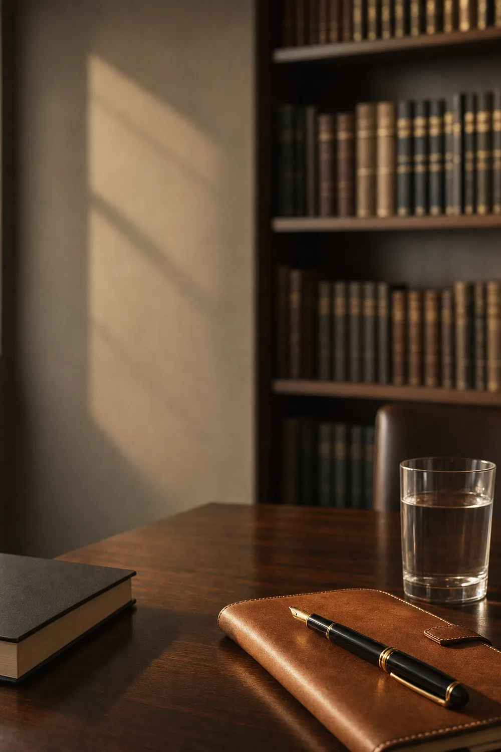 Detalhe de mesa de reunião com pasta de couro, caneta e livros ao fundo