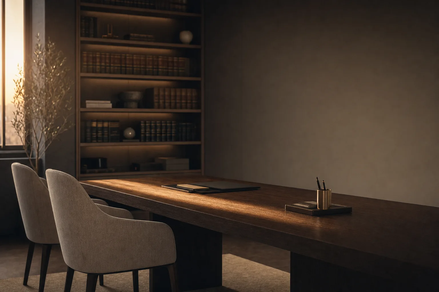 Sala de reunião de escritório de advocacia com mesa de madeira e estante de livros ao entardecer